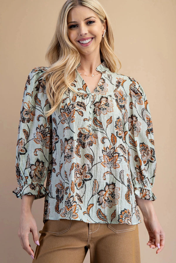 Muted Floral Print Covered Button Split Neckline Ruffle Collar Blouse