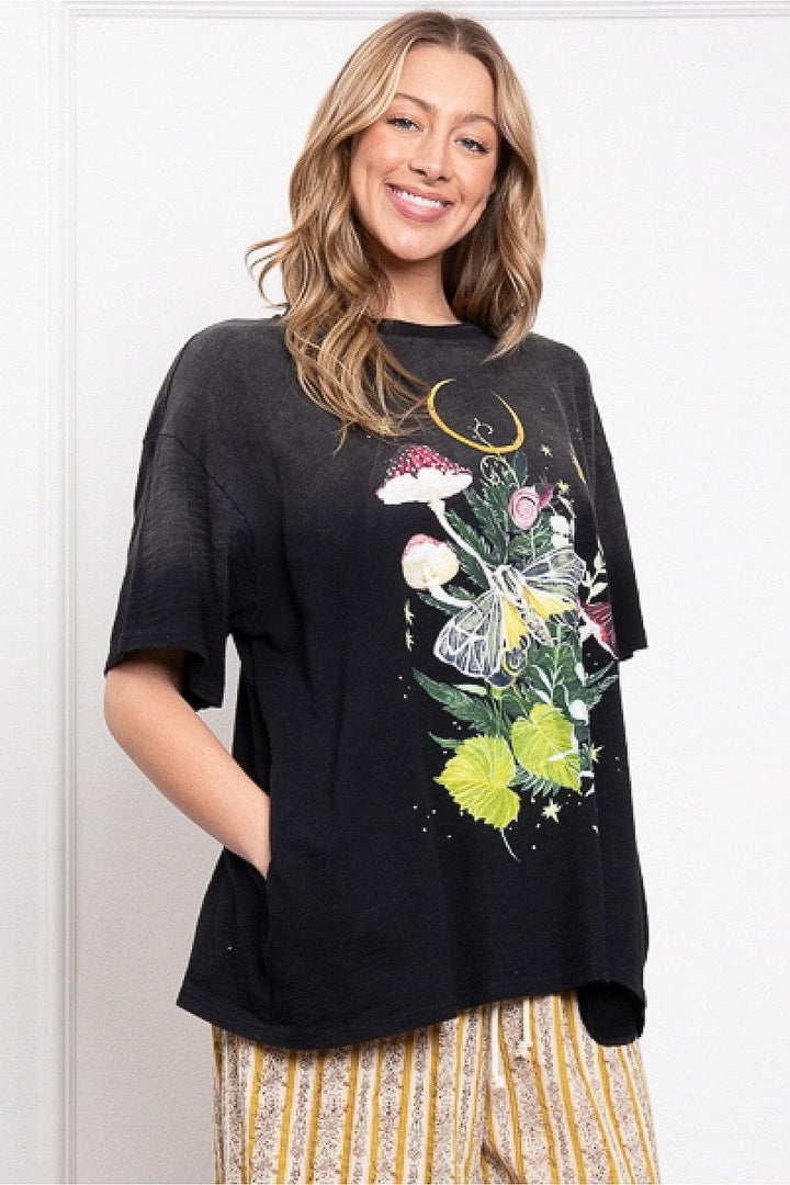 Mystical Nature Print Mineral Washed Graphic T-Shirt