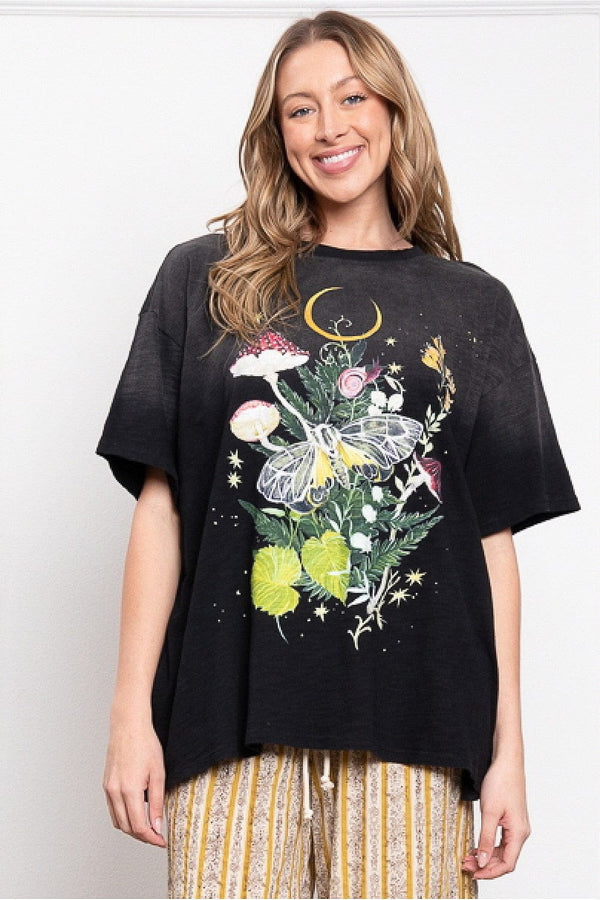 Mystical Nature Print Mineral Washed Graphic T-Shirt