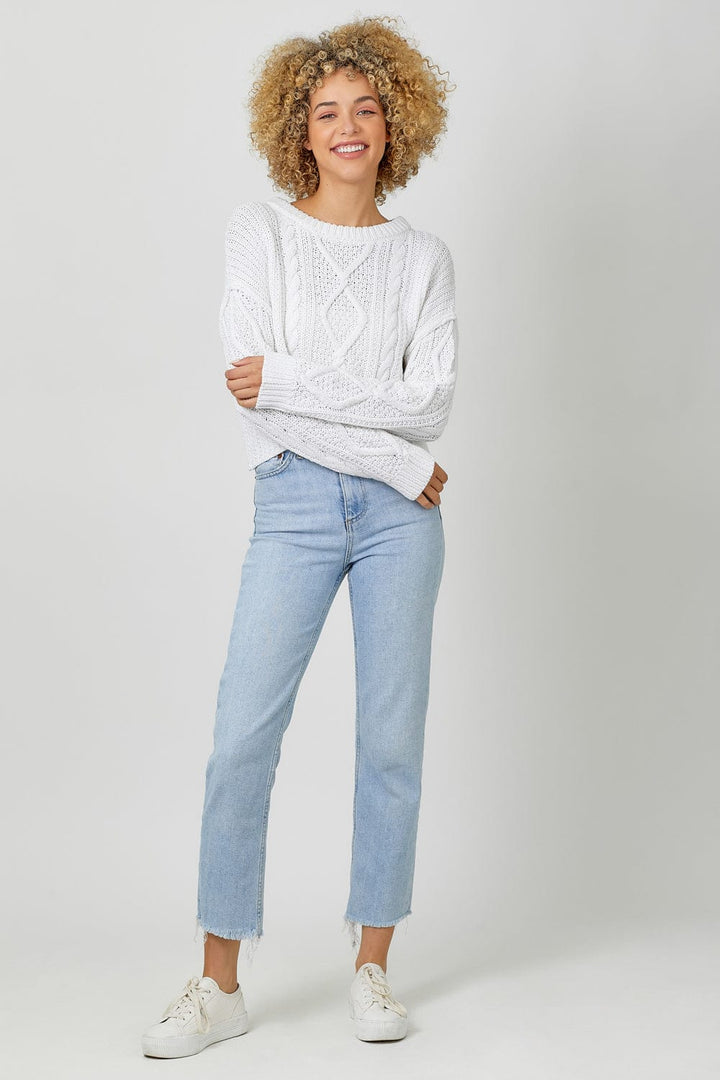 Mystree Crew Neck Cropped Cable Sweater