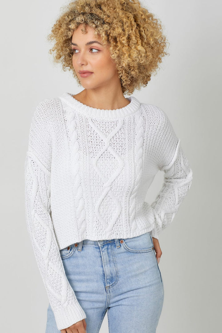 Mystree Crew Neck Cropped Cable Sweater