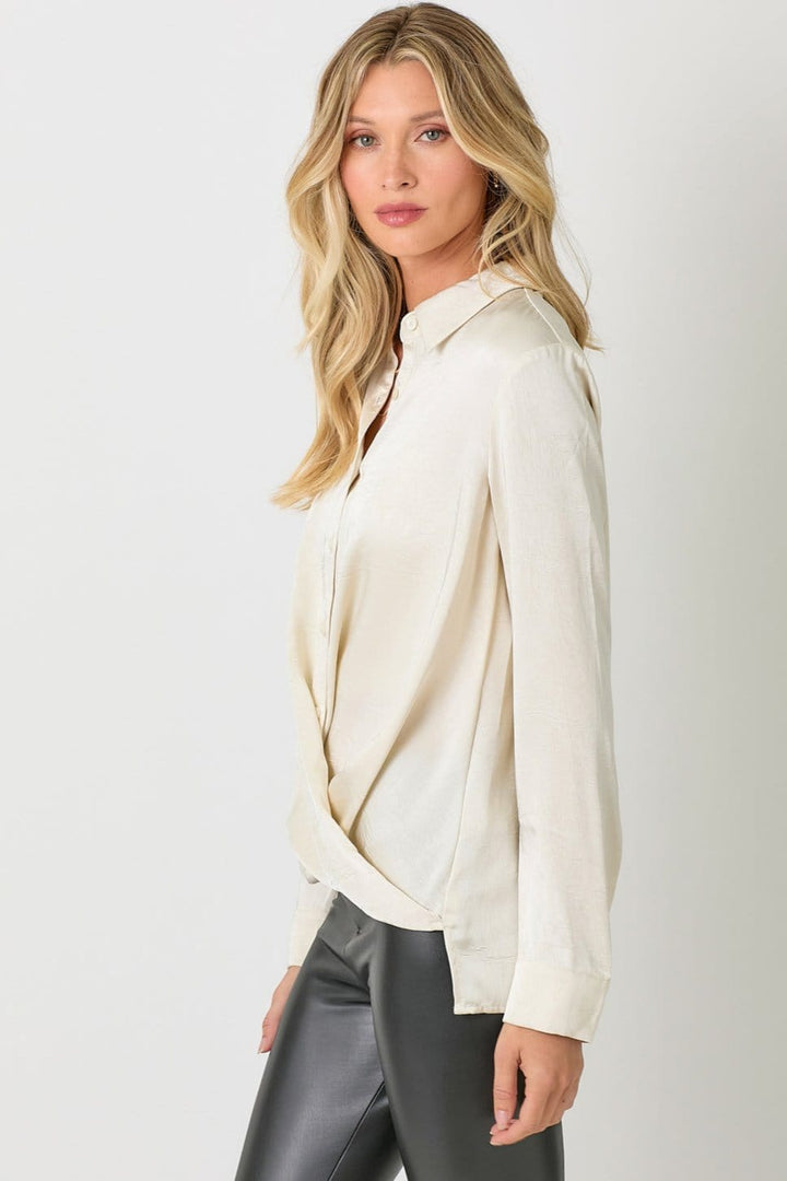 Mystree Crinkle Satin Twisted Hi-Low Bottom Button Down Blouse