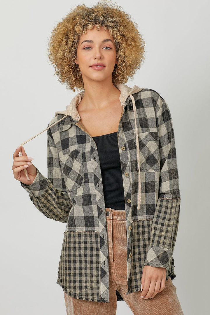 Mystree Double Cloth Button Down Mixed Gingham Hoodie Jacket with Removable Hood