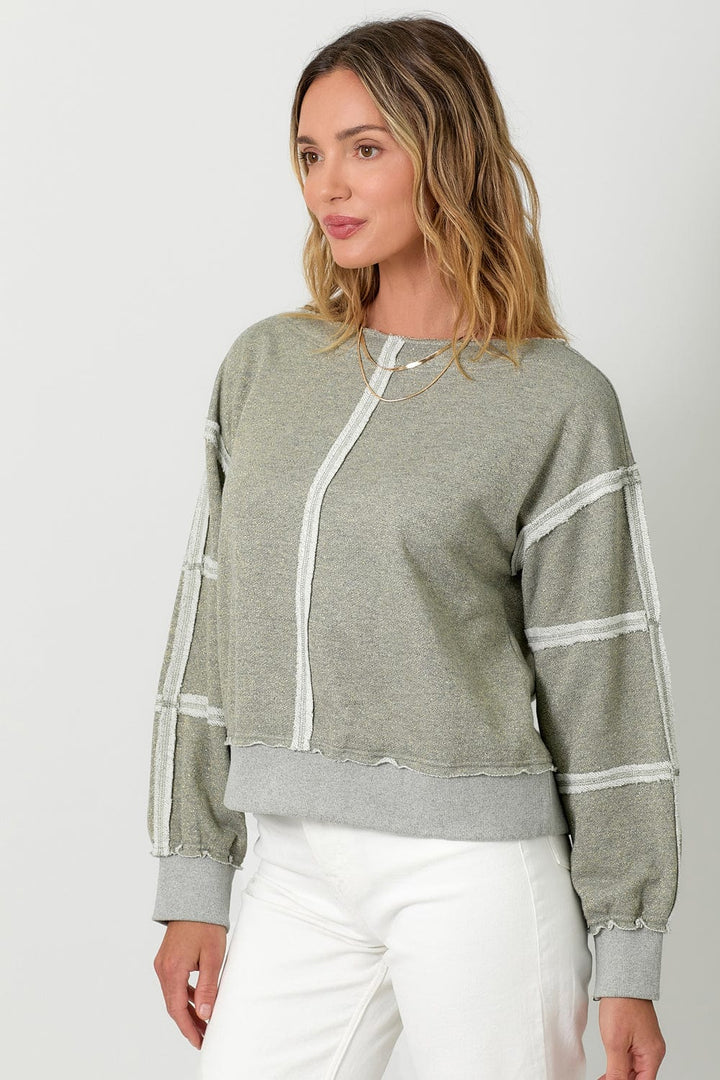 Mystree Exposed Seam Glitter Detailed Boat Neck Terry Sweatshirt Top