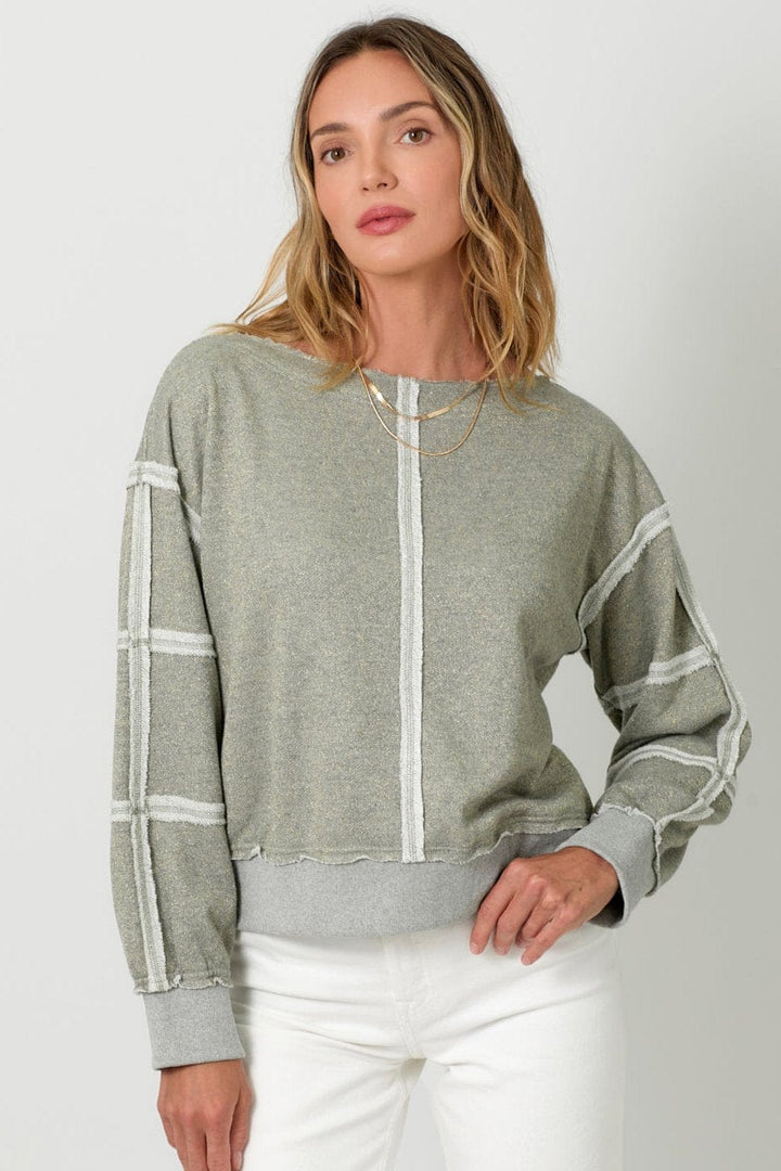 Mystree Exposed Seam Glitter Detailed Boat Neck Terry Sweatshirt Top