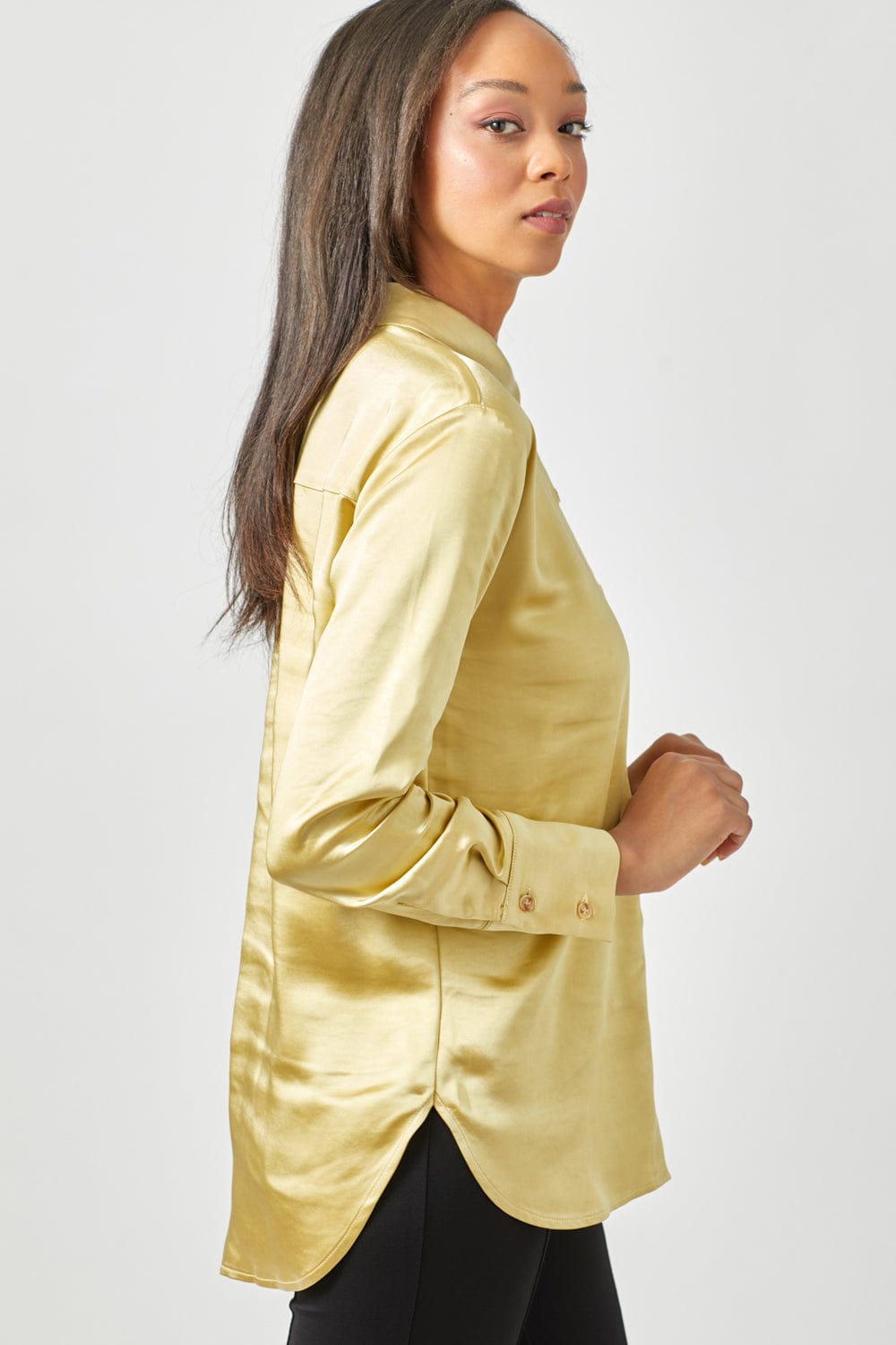 Mystree Relaxed Button Down Long Sleeve Silky Shirt