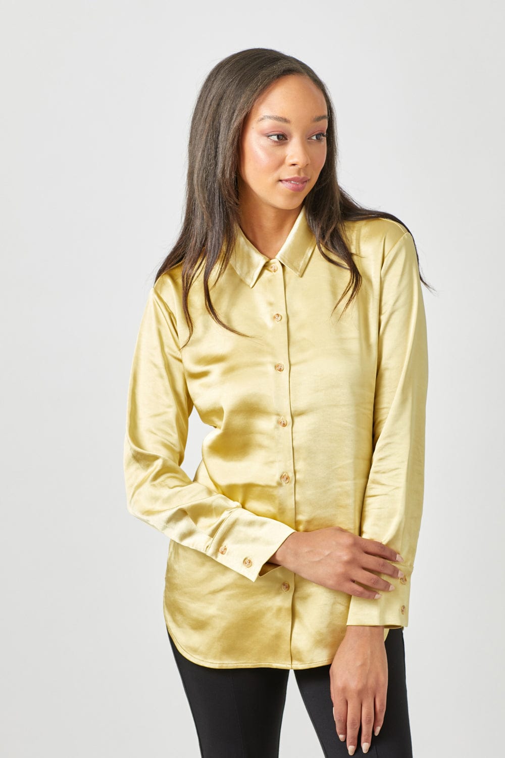 Mystree Relaxed Button Down Long Sleeve Silky Shirt
