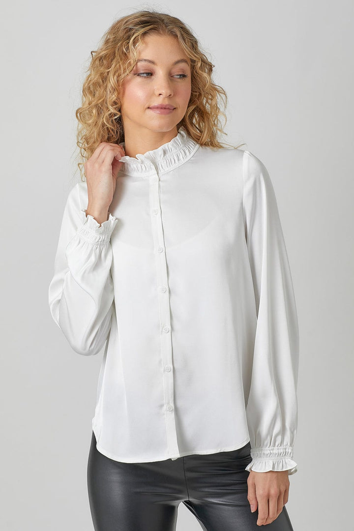 Mystree Ruffled Collar Bubble Sleeve Button Down Blouse