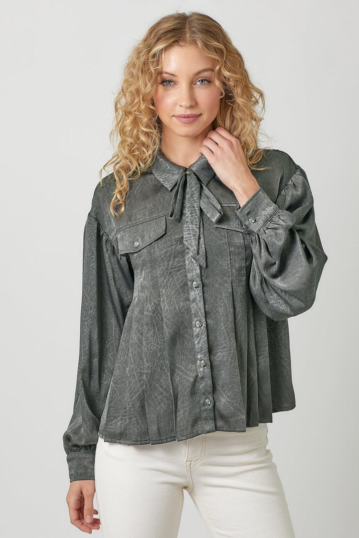 Mystree Tie Neck Pleated Button Down Textured Blouse