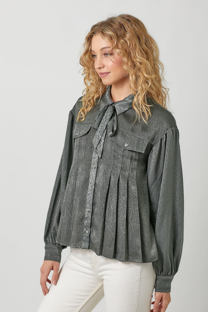 Mystree Tie Neck Pleated Button Down Textured Blouse