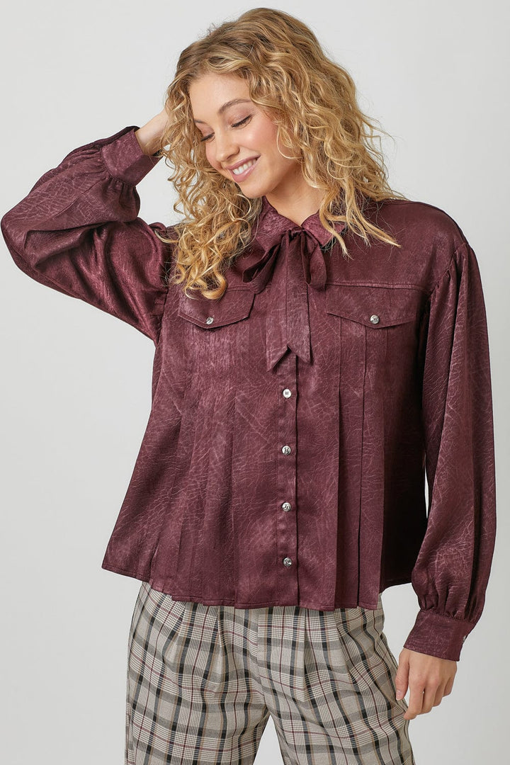 Mystree Tie Neck Pleated Button Down Textured Blouse