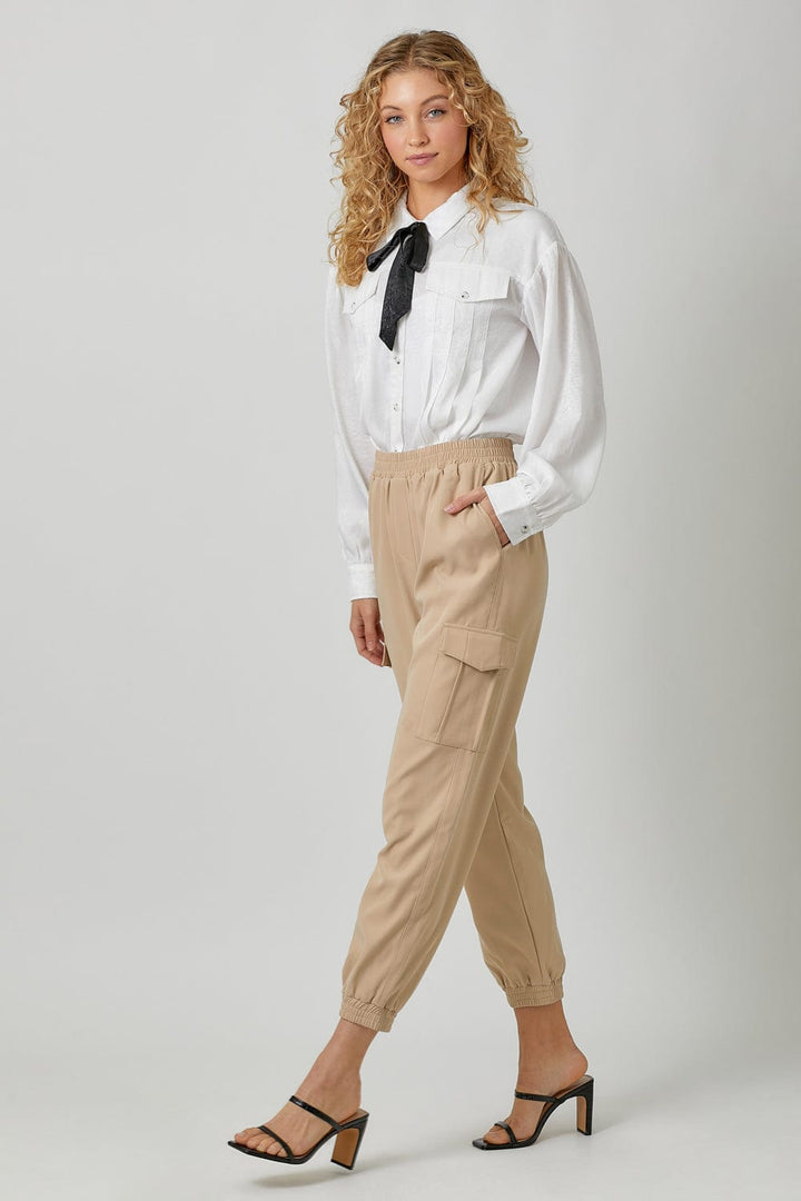 Mystree Tie Neck Pleated Button Down Textured Blouse