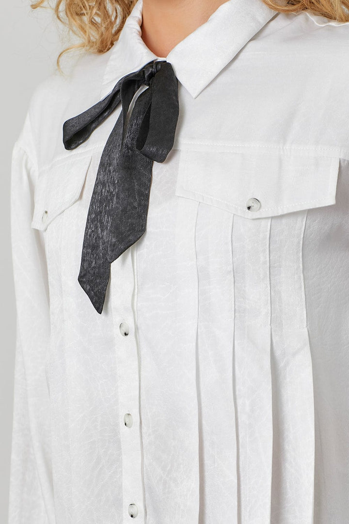 Mystree Tie Neck Pleated Button Down Textured Blouse