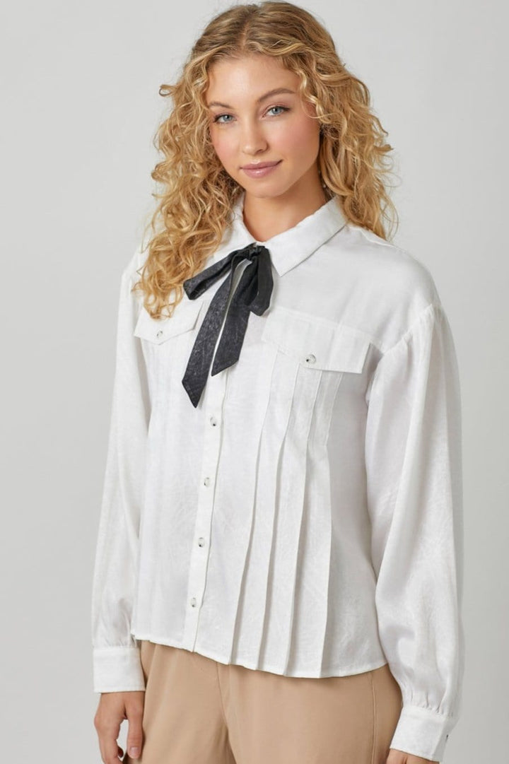 Mystree Tie Neck Pleated Button Down Textured Blouse