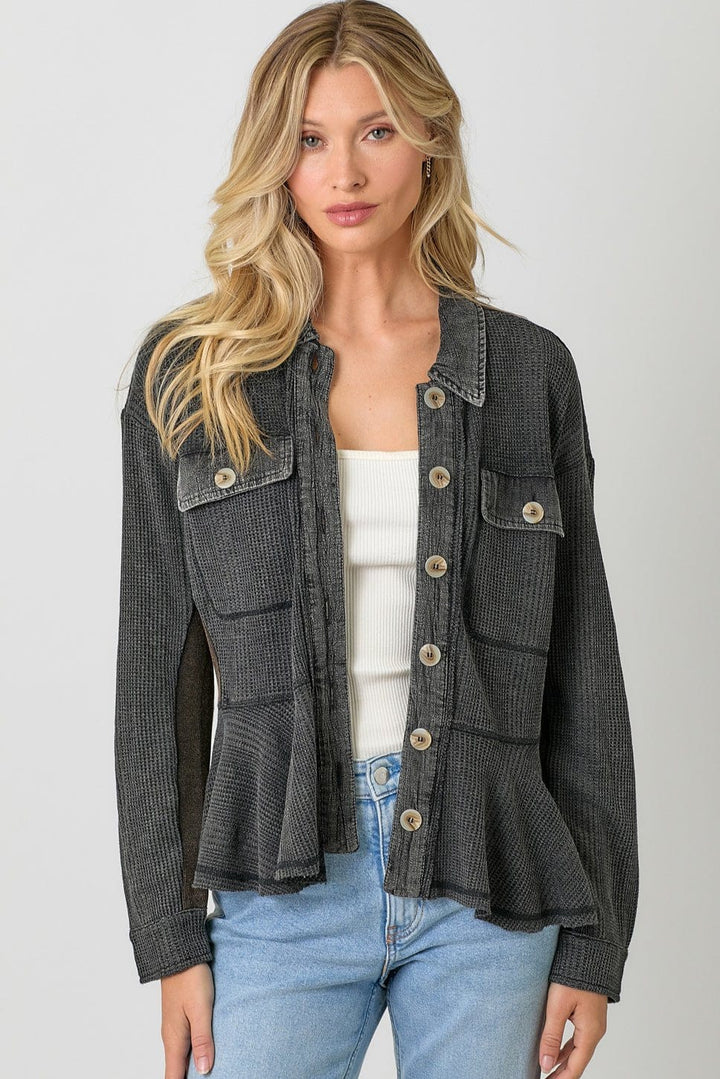 Mystree Washed Waffle Knit Button Down Ruffle Jacket