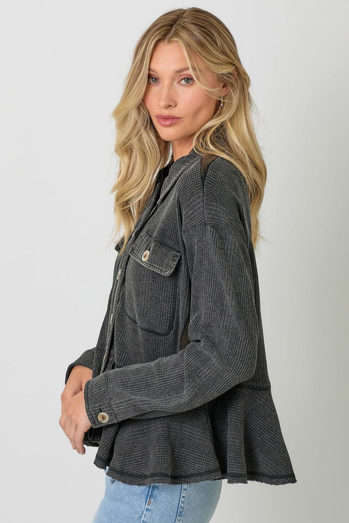 Mystree Washed Waffle Knit Button Down Ruffle Jacket