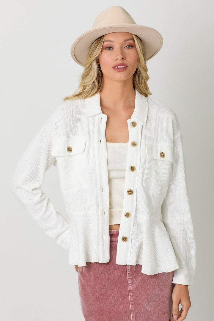 Mystree Washed Waffle Knit Button Down Ruffle Jacket