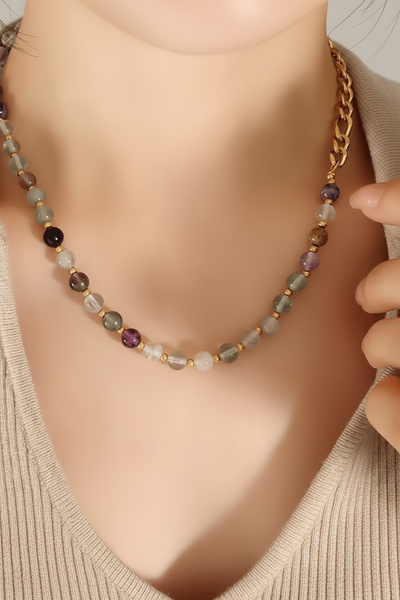 Natural Stone Bead & Gold Chain Necklace