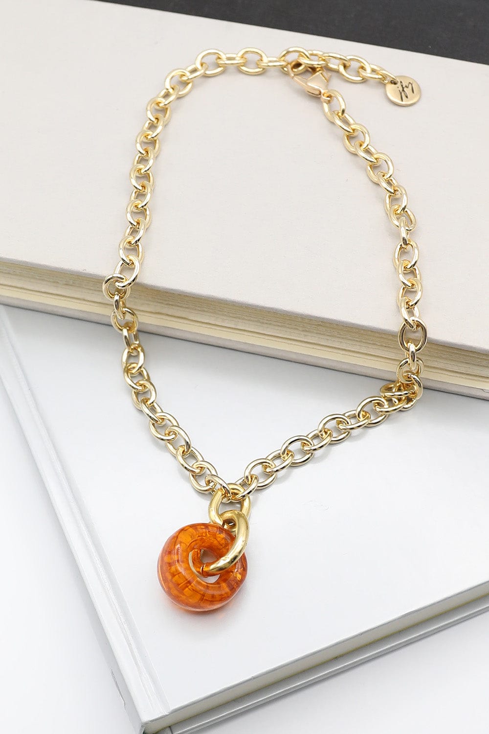 Necklace with Chunky Orange Resin Bead on Gold Chain