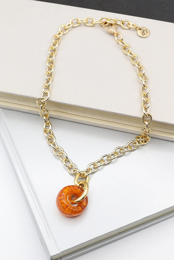 Necklace with Chunky Orange Resin Bead on Gold Chain