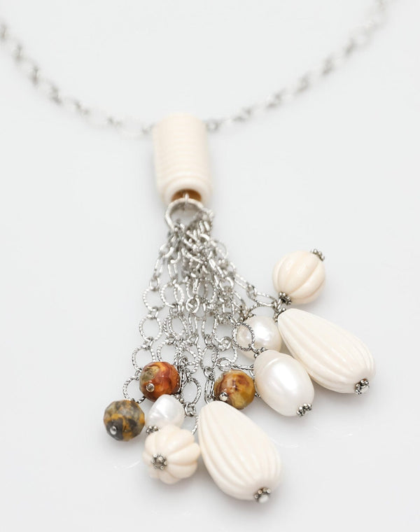 Necklace with Tassel of Vintage Elements, Freshwater Pearls, and Agate