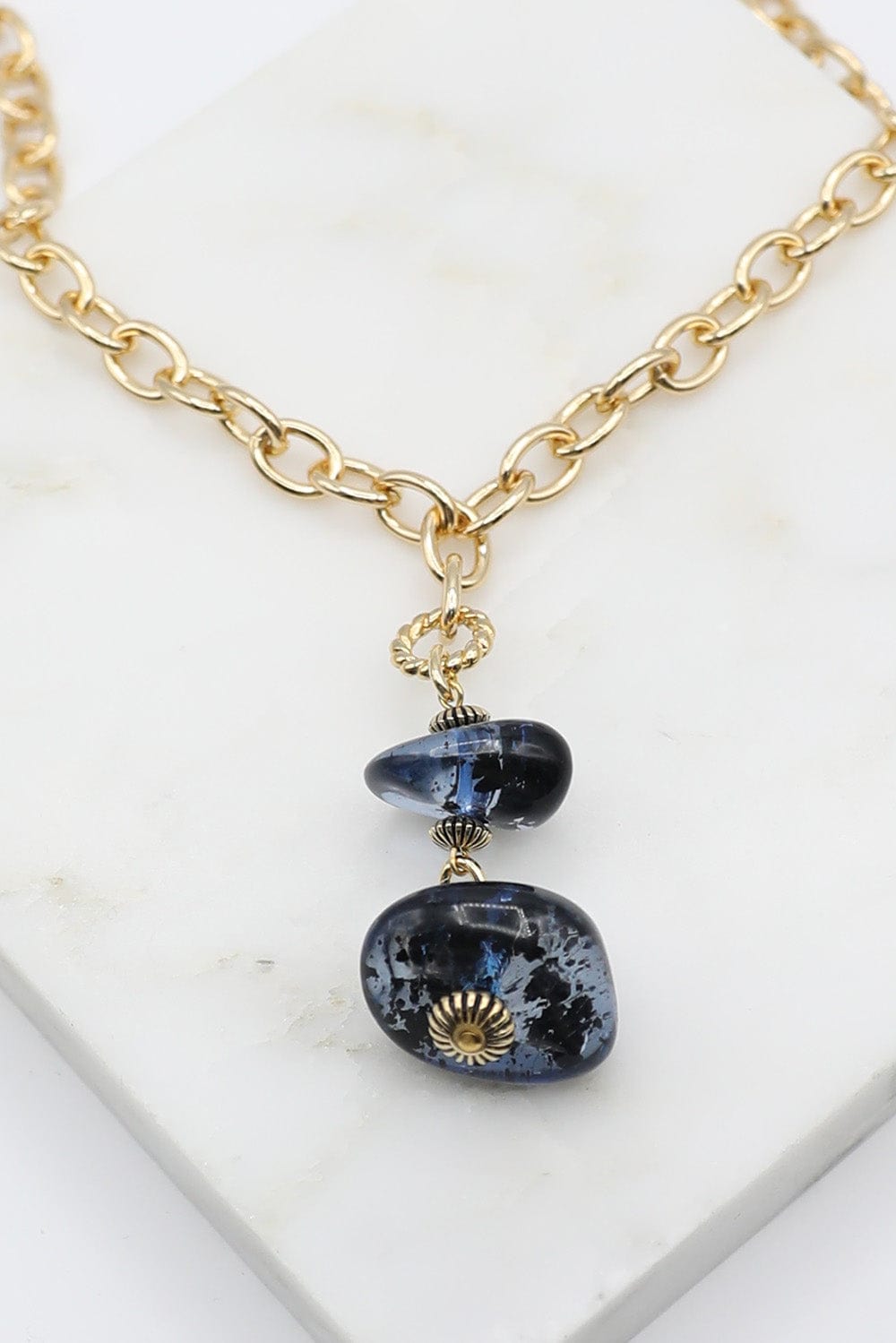Necklace with Two Ocean Blue Resin Beads on Gold Chain