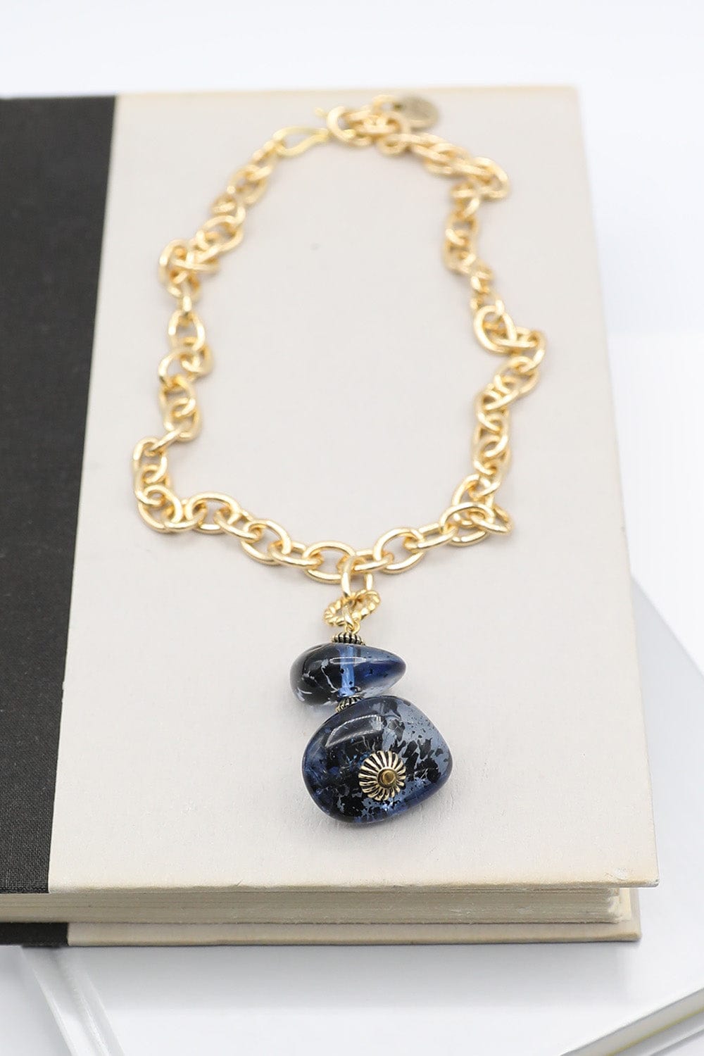 Necklace with Two Ocean Blue Resin Beads on Gold Chain