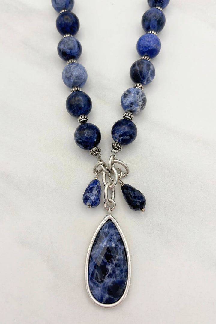 Neela Sodalite Genuine Stone Beaded Necklace with Faceted Teardrop Pendant