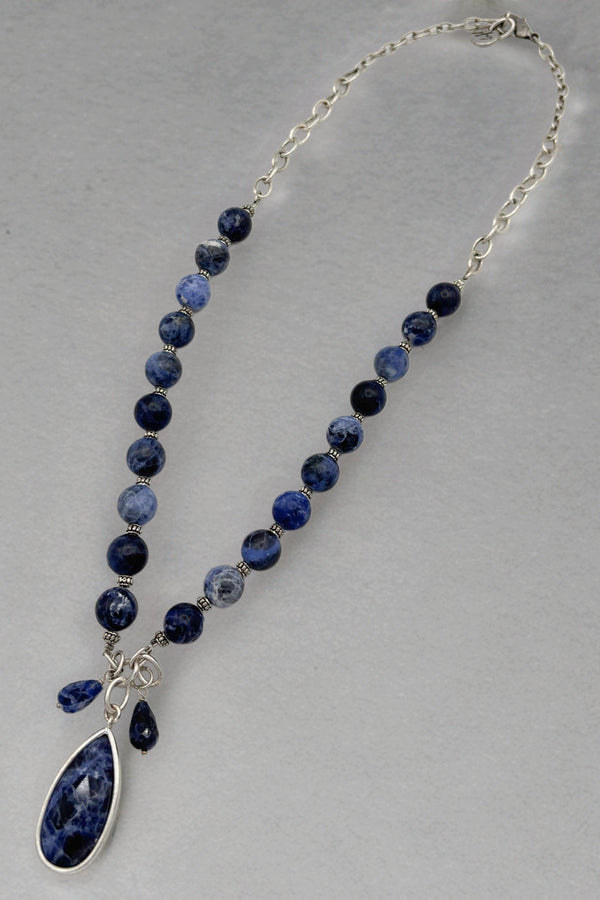 Neela Sodalite Genuine Stone Beaded Necklace with Faceted Teardrop Pendant