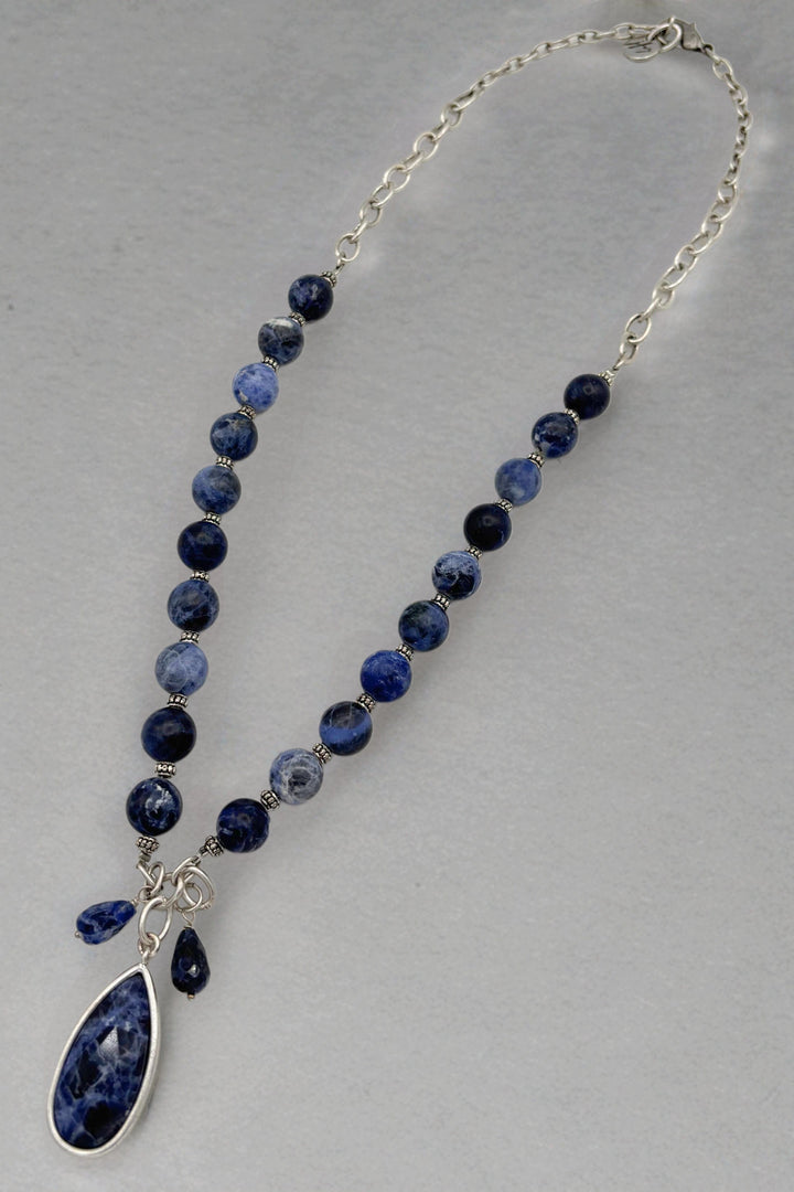 Neela Sodalite Genuine Stone Beaded Necklace with Faceted Teardrop Pendant
