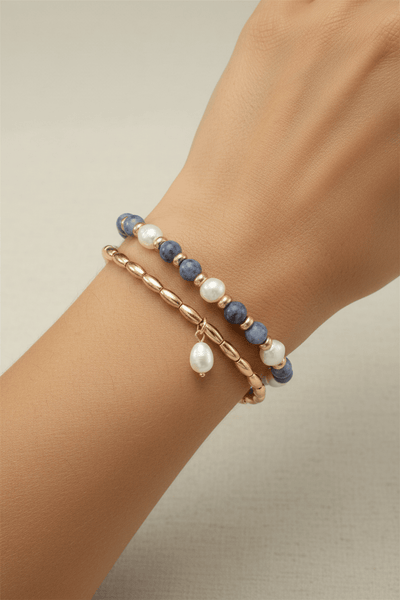 Ninme Genuine Stone and Pearl Stretchy Bead Bracelet Set