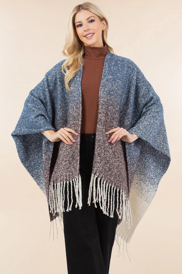 Ombre Ruana Open Front Flowy Shawl Cardigan with Tassel Hem