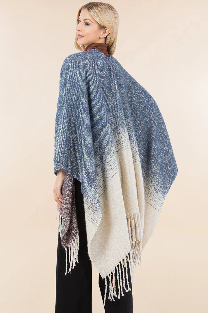 Ombre Ruana Open Front Flowy Shawl Cardigan with Tassel Hem