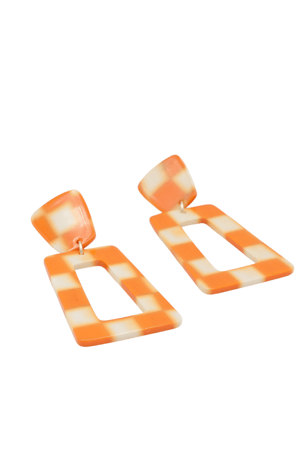 Orange and White Checkered Resin Earrings