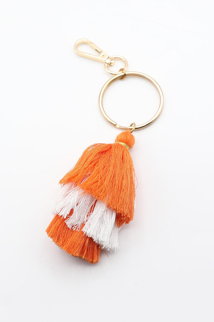 Orange and White Tassel Keychain on Large Ring with Hook