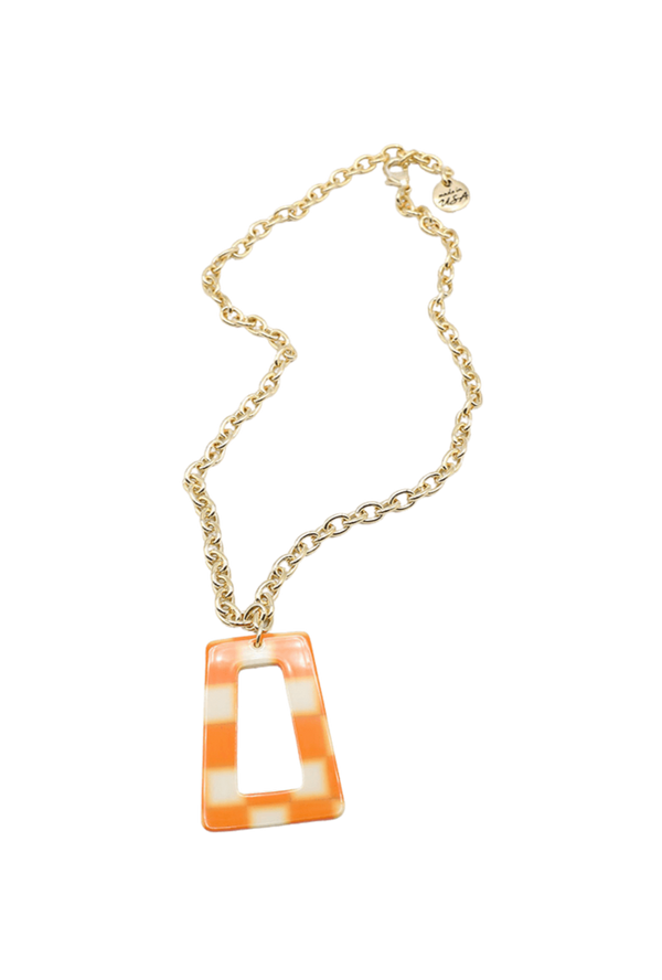 Orange Checkerboard Necklace on Gold Plated Chain