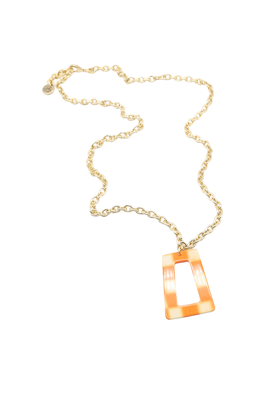 Orange Checkerboard Necklace on Gold Plated Chain