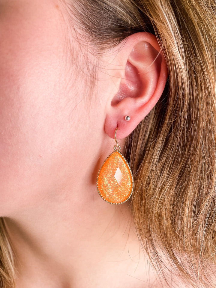 Orange Glitter Teardrop Earrings