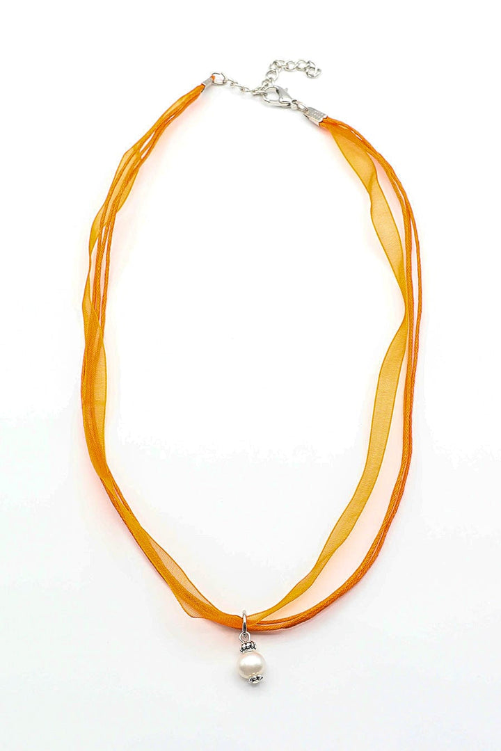 Orange Ribbon Necklace with Accent Pearl