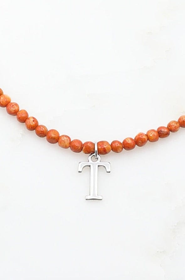 Orange Stone Bead Necklace with Silver Power "T"