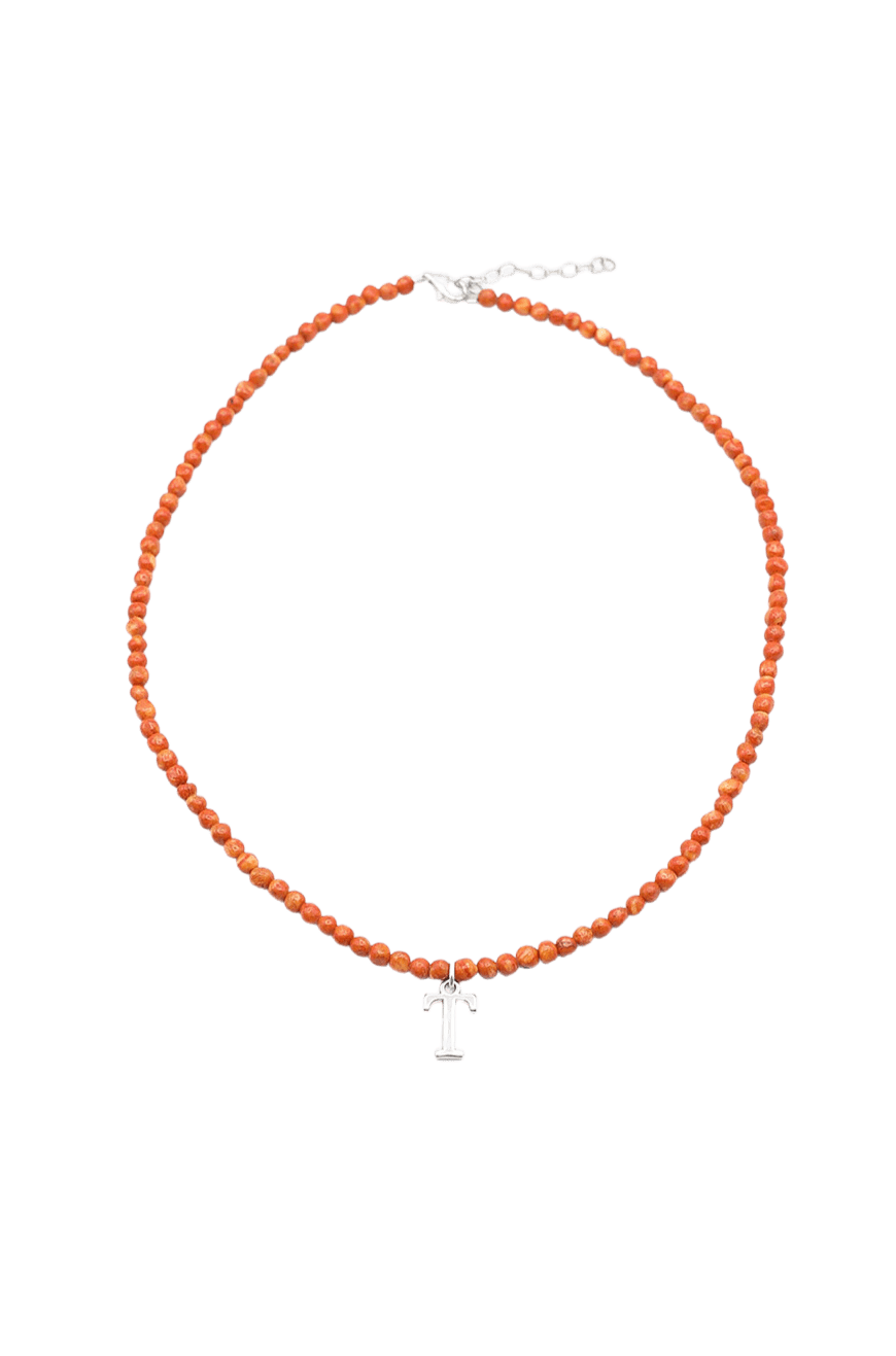 Orange Stone Bead Necklace with Silver Power "T"
