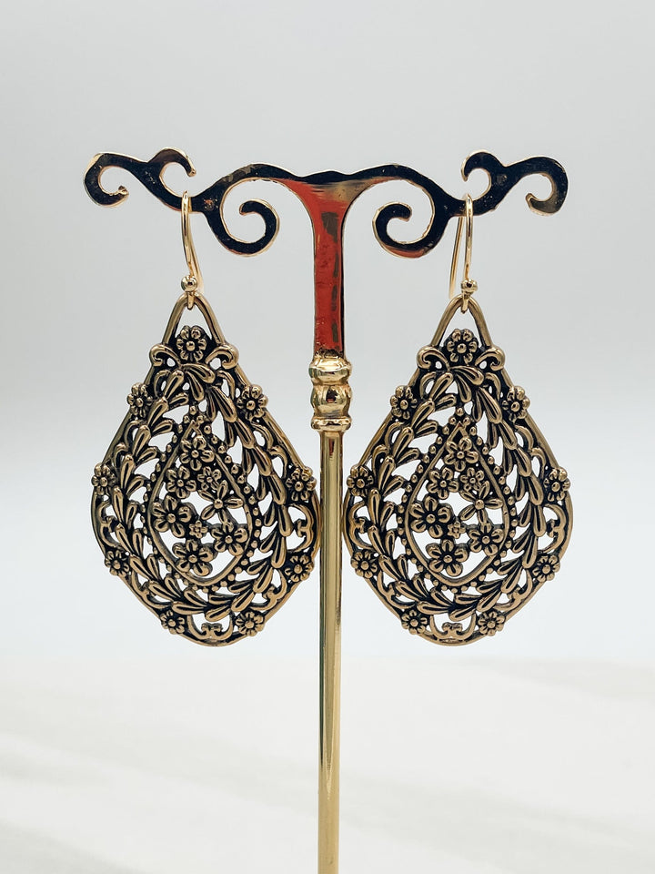 Ornate Gold Floral Dangle Earrings