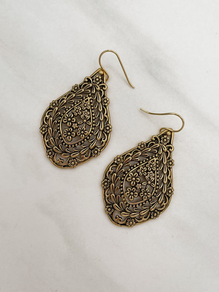 Ornate Gold Floral Dangle Earrings