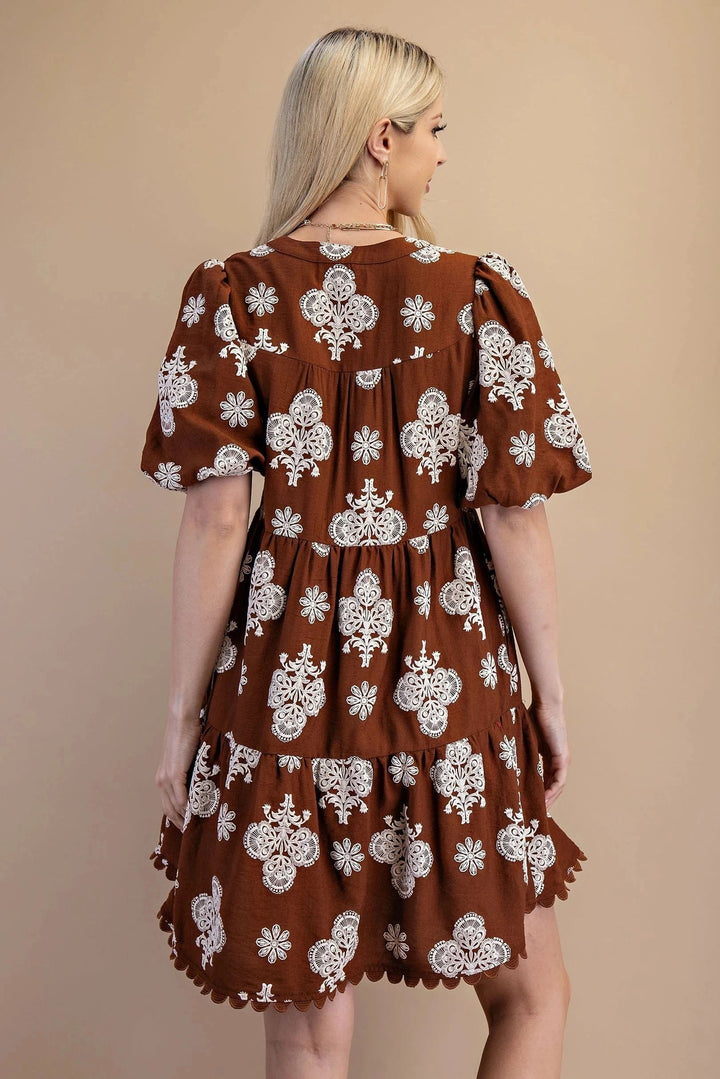 Ornate Print Puff Sleeve Tiered Mini Dress with Decorative Trim