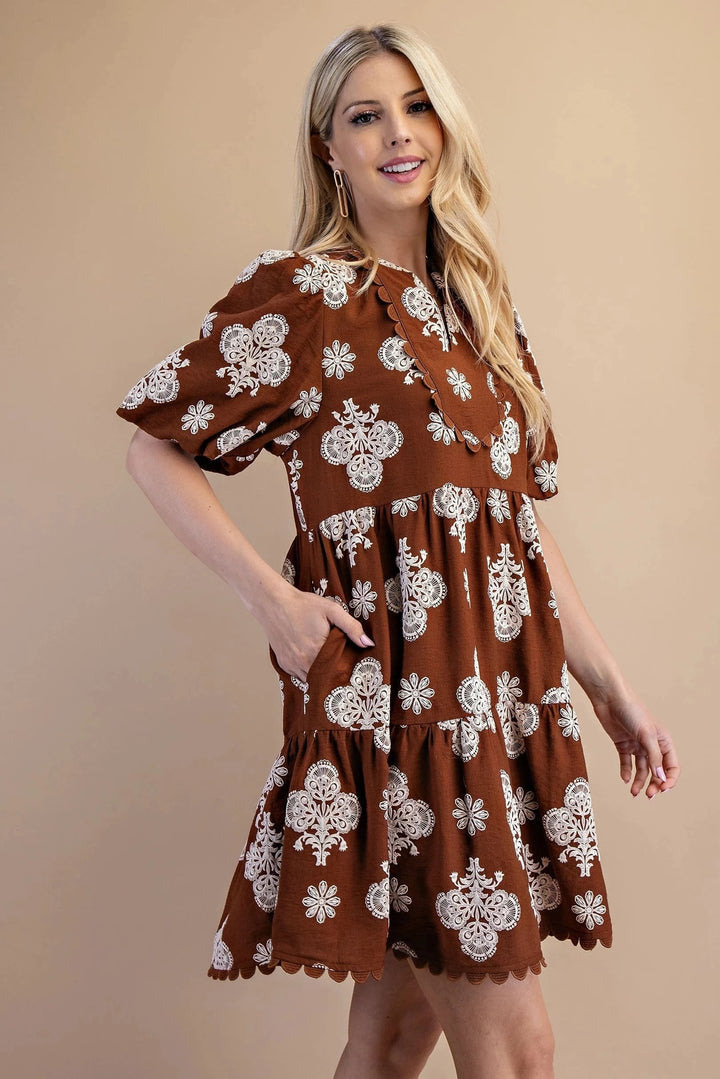 Ornate Print Puff Sleeve Tiered Mini Dress with Decorative Trim
