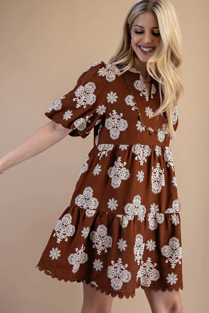 Ornate Print Puff Sleeve Tiered Mini Dress with Decorative Trim