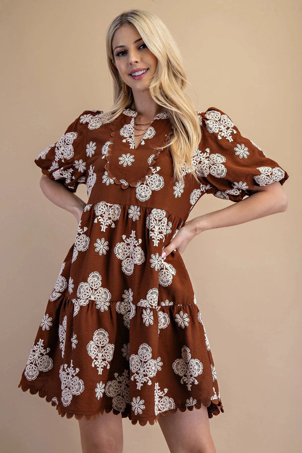 Ornate Print Puff Sleeve Tiered Mini Dress with Decorative Trim