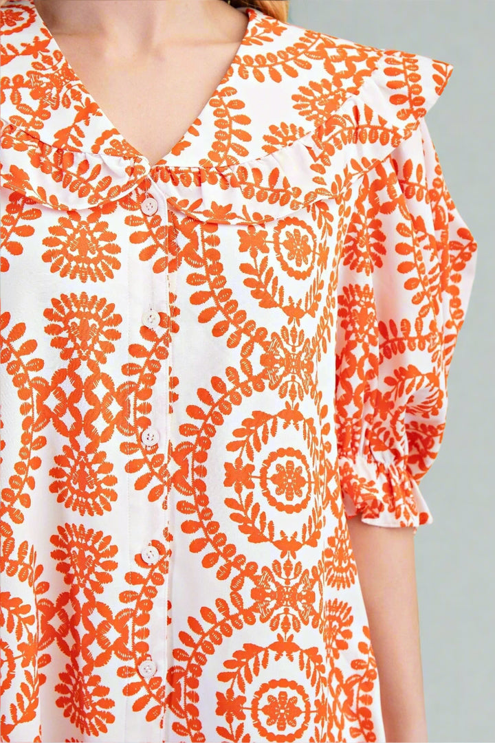 Ornate Printed Peter Pan Color Button Down Dress with Balloon Half Sleeves