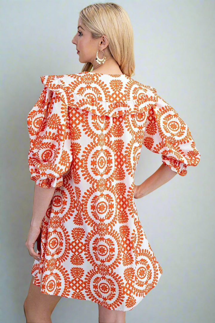 Ornate Printed Peter Pan Color Button Down Dress with Balloon Half Sleeves