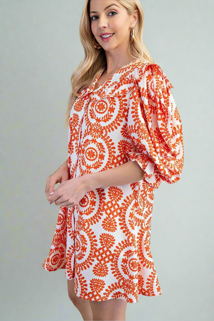 Ornate Printed Peter Pan Color Button Down Dress with Balloon Half Sleeves